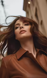 a woman with long brown hair is wearing a leather jacket