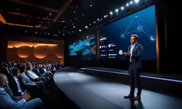 the man stands at the microphone speaking in front of an audience