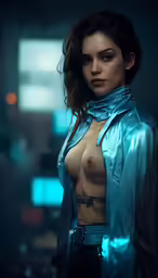 a woman is posing shirtless in the dark