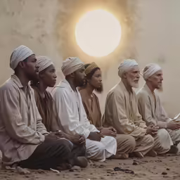six men in a row sit in prayer poses