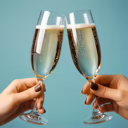 two hands holding up champagne flutes with a blue background