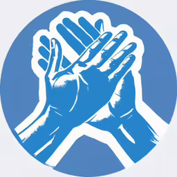 a blue and white circular design with hands clapping