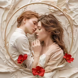 two women sitting in a circle with red flowers