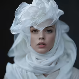 a woman with big, white feathers in her hair
