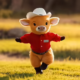 a teddy bear dressed in a red shirt and a cowboy hat