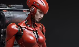 a woman in a robot suit standing next to a cannon