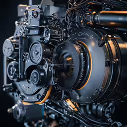 the back side of a very long, complex type engine