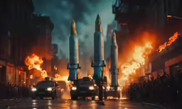 large rockets and police cars drive in a city