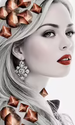 a blonde woman with long hair has many large earrings and a bow tie around her neck