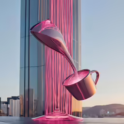 an abstract art piece, titled pink coffee cups in front of a building