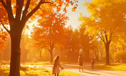 people are walking in the park near some trees