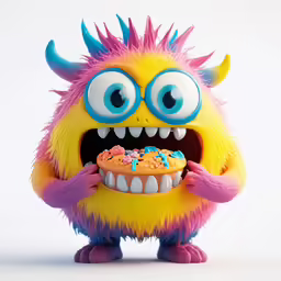 an angry, stuffed monster holds a doughnut in his right hand