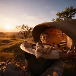 a woman in a large sun hat relaxing in an outhouse
