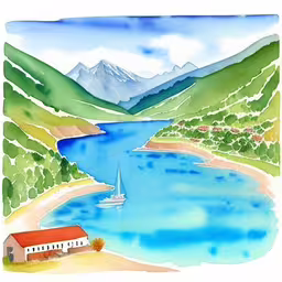 /tmp/FOOFXXzWZ.jpg = watercolor drawing of a red house and sailboat
,/tmp/FOOFXXzWZ.jpg = a lake with water and hills in the background
,/tmp/FOOFXXzWZ.jpg = a drawing shows a mountain village with blue water and trees
,/tmp/FOOFXXzWZ.jpg = an illustration of the coastline in water with a sailboat
,/tmp/FOOFXXzWZ.jpg = an image of mountains water and a boat
,/tmp/FOOFXXzWZ.jpg = this is a painting of the mountain and lake
,/tmp/FOOFXXzWZ.jpg = a lake scene with a small boat on it

