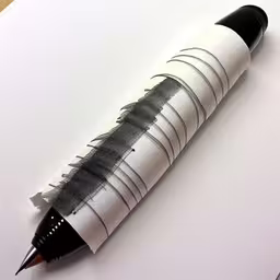pen lying on paper that has a graphite stylus,the pen is laying on top of the table next to the paper
