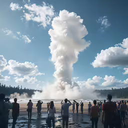 people standing near the water and looking at a cloud