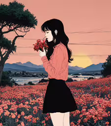 the woman is holding flowers with mountains in the background,a person holding flowers is standing in a field