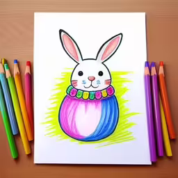 an easter bunny painted on a white sheet of paper next to colorful crayons,a drawing of a bunny in a big sweater
