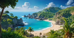 a view of a beach and forested area from the mountains