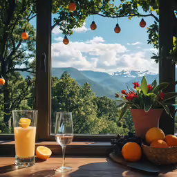 an image of a table with wine and fruit