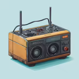 an old radio sitting on top of a wooden desk