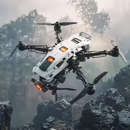 a remote controlled flying helicopter with lights and propellers