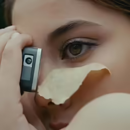 a young woman holding onto a cellphone with an eye patch