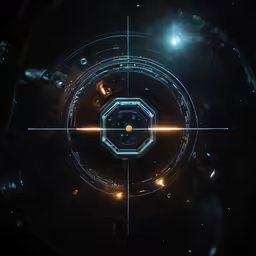 a sci sci spaceship scene with stars and circles