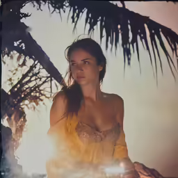 a young woman sitting next to palm trees wearing a yellow dress