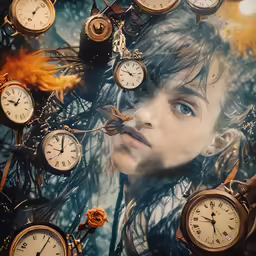woman in an art work with clocks