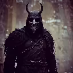the man in the black devil mask and long jacket looks into the distance