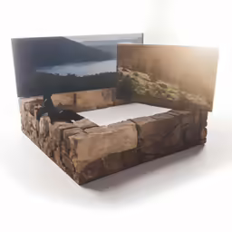 there is a stone couch that is in front of a picture