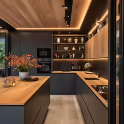 a kitchen area with shelves and cabinets inside