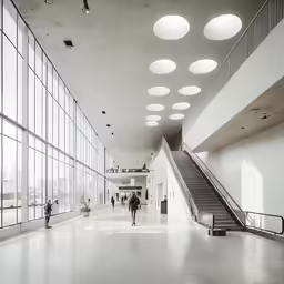 a couple of people walking down a hallway next to a set of stairs