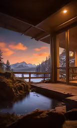 an evening view from a patio with a small pond and a bench