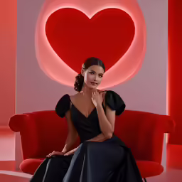 a woman in black is sitting on a red chair