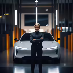 an image of a woman with arms crossed standing next to a sports car