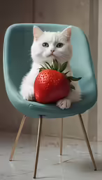 a white cat is sitting in a chair with a strawberry on it
