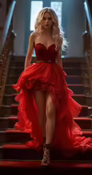 a model wearing a red gown walking up stairs