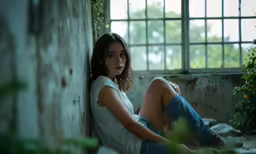 a beautiful young woman sitting on a window sill