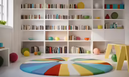 there is a colorful rug and bookcases in the room