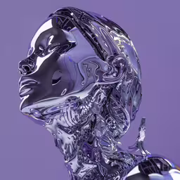 a robot looks very angry as he stands in front of a purple background,a chrome robot with a purple background