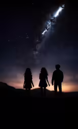 three children standing together looking up at the stars in the sky