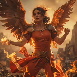 the woman in the dress is surrounded by fire