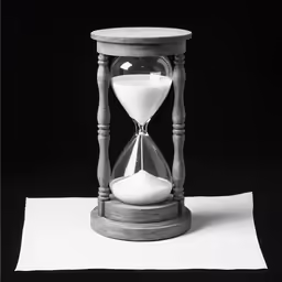 a wooden stand holding an hourglass with a white sand inside it