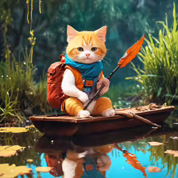 an orange and white cat in a backpack and a bookbag riding on a boat with an arrow,an orange and white cat is in a red boat and holding a brown paddle