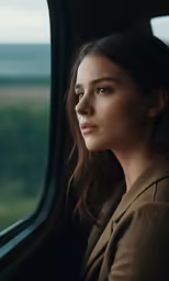 a woman looking out a window while sitting down
