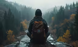the person sits on the rock overlooking a forest and stream