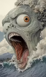 the face of an ugly creature that is about to jump out of the water