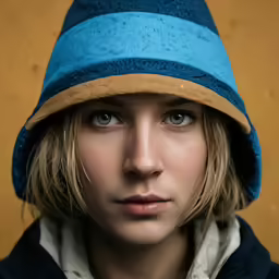 the girl has long hair and a blue hat
